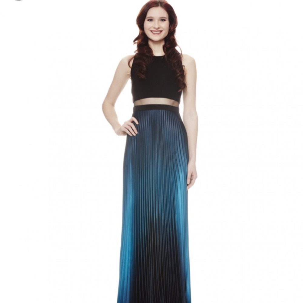 Betsy & Adam Black Crop Top with Blue Ombre Pleated Skirt Prom Dress